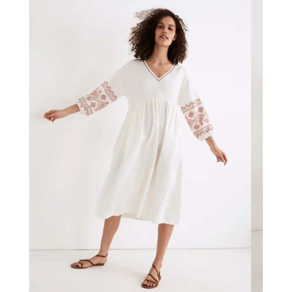 Madewell Embroidered Sleeve Popover Midi Dress, Bohemian Peasant Flour Sack sz M - Picture 2 of 11